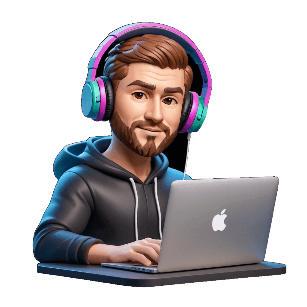 Illustrated portrait of Oleg Savelev working at a laptop